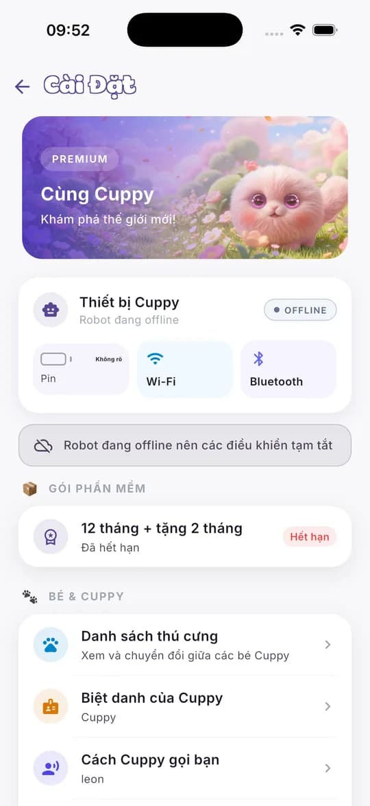 Màn hình Cài đặt, phần Thiết bị Cuppy