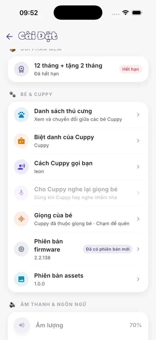 Màn hình Cài đặt, phần Bé & Cuppy