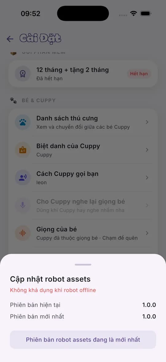 Bảng Cập nhật robot assets